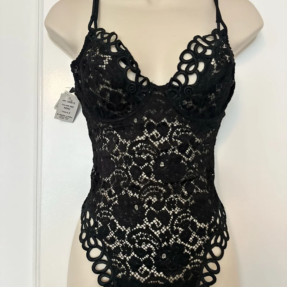 La Perla Documented collectors Black Lace Bodysuit with Fishnet Hosiery